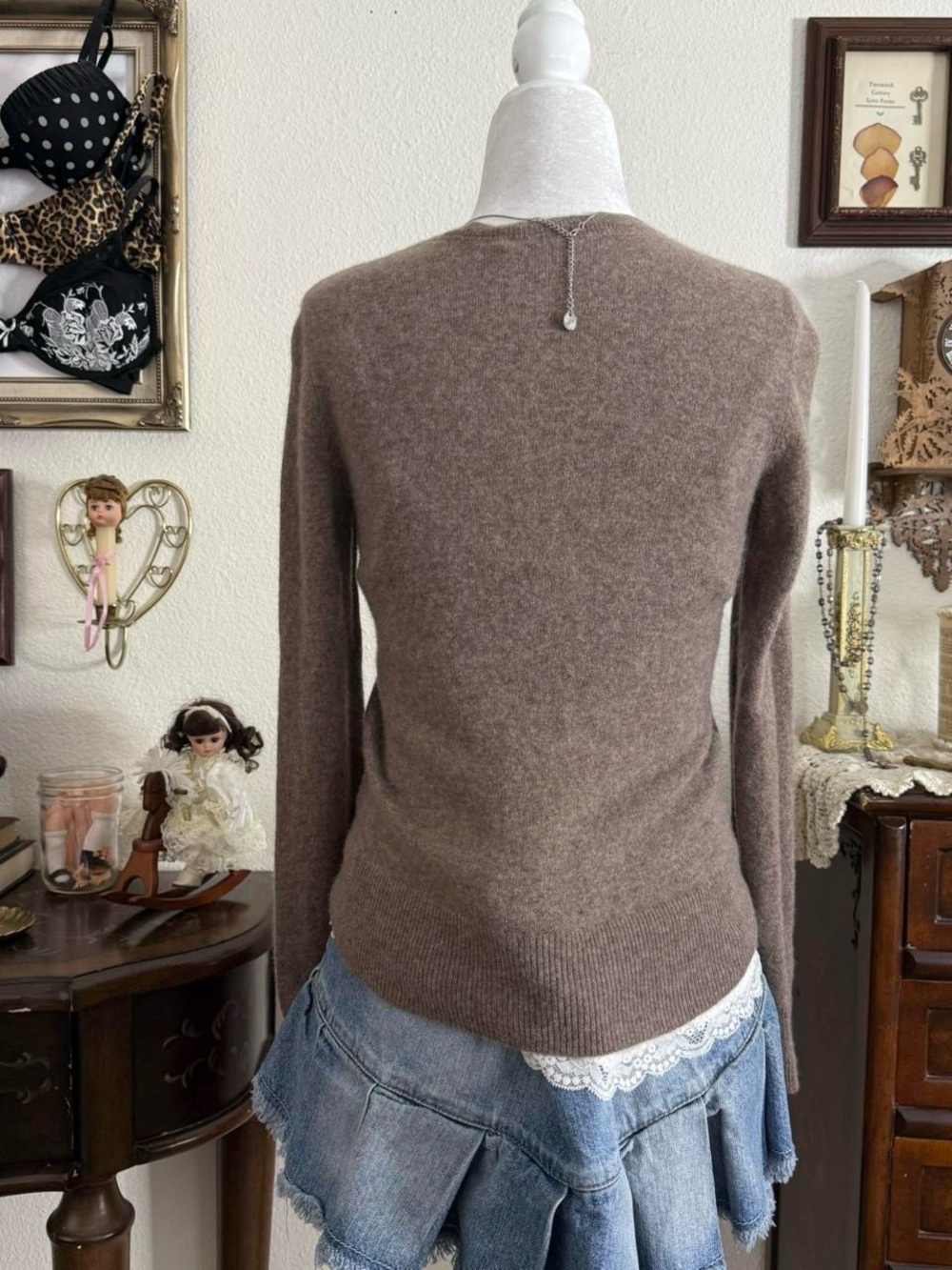 Y2k preppy twee girly grunge muted brown toned soft cashmere cardigan - Picture 4 of 5